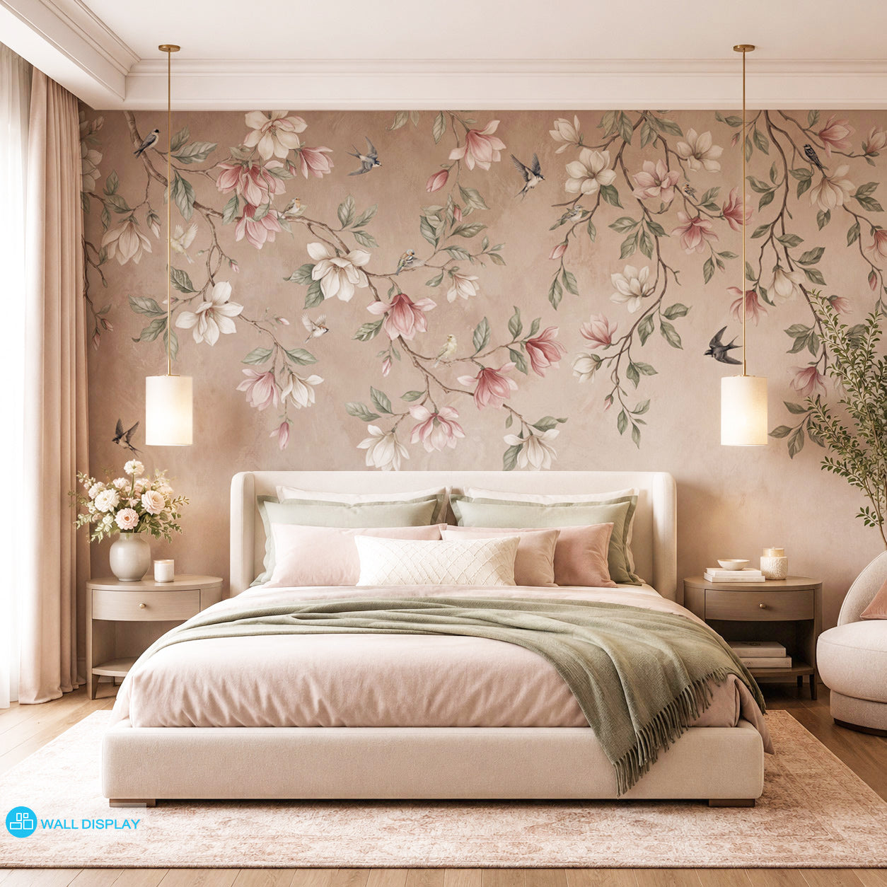 Songbirds in Bloom floral wall mural with magnolia blossoms, flying birds, sage green leaves, and soft blush plaster background.