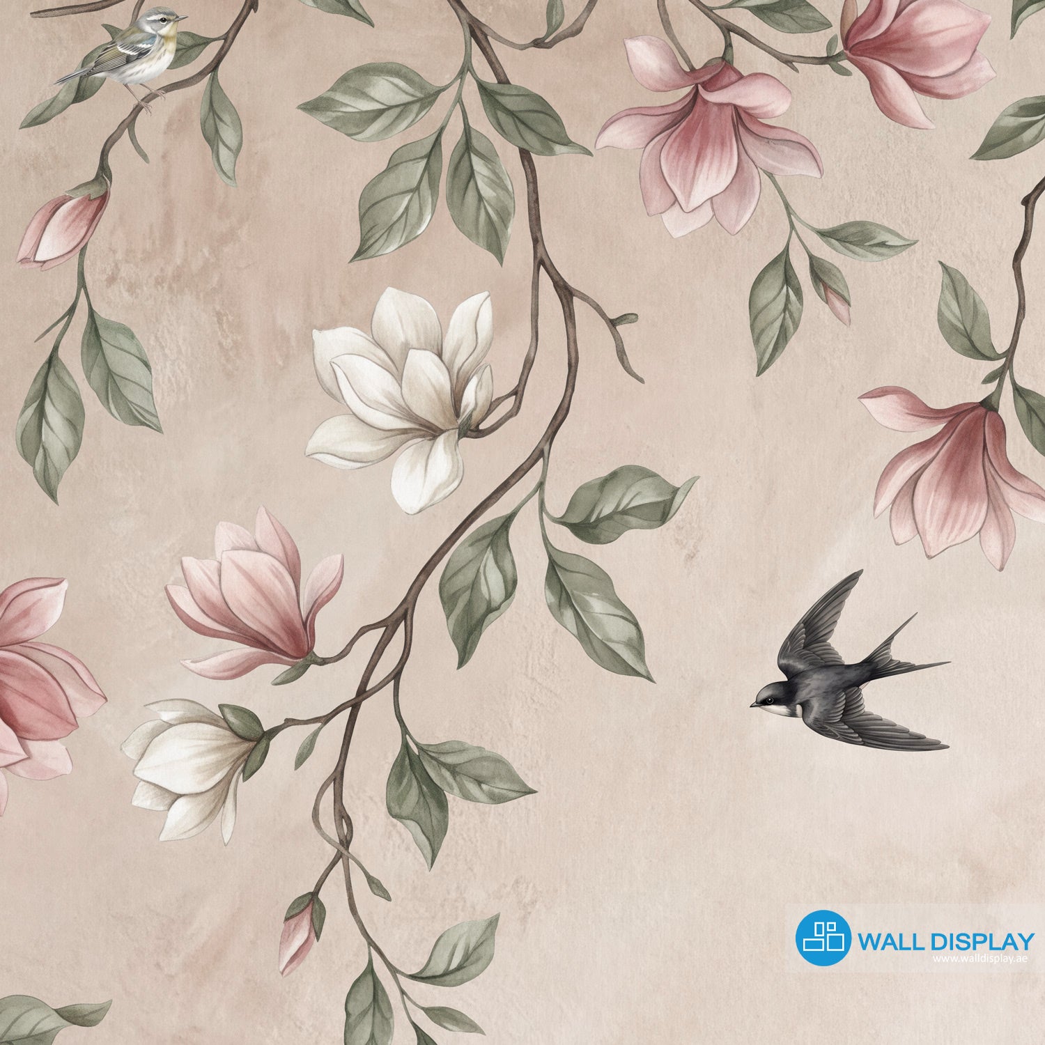 Songbirds in Bloom floral wall mural with magnolia blossoms, flying birds, sage green leaves, and soft blush plaster background.