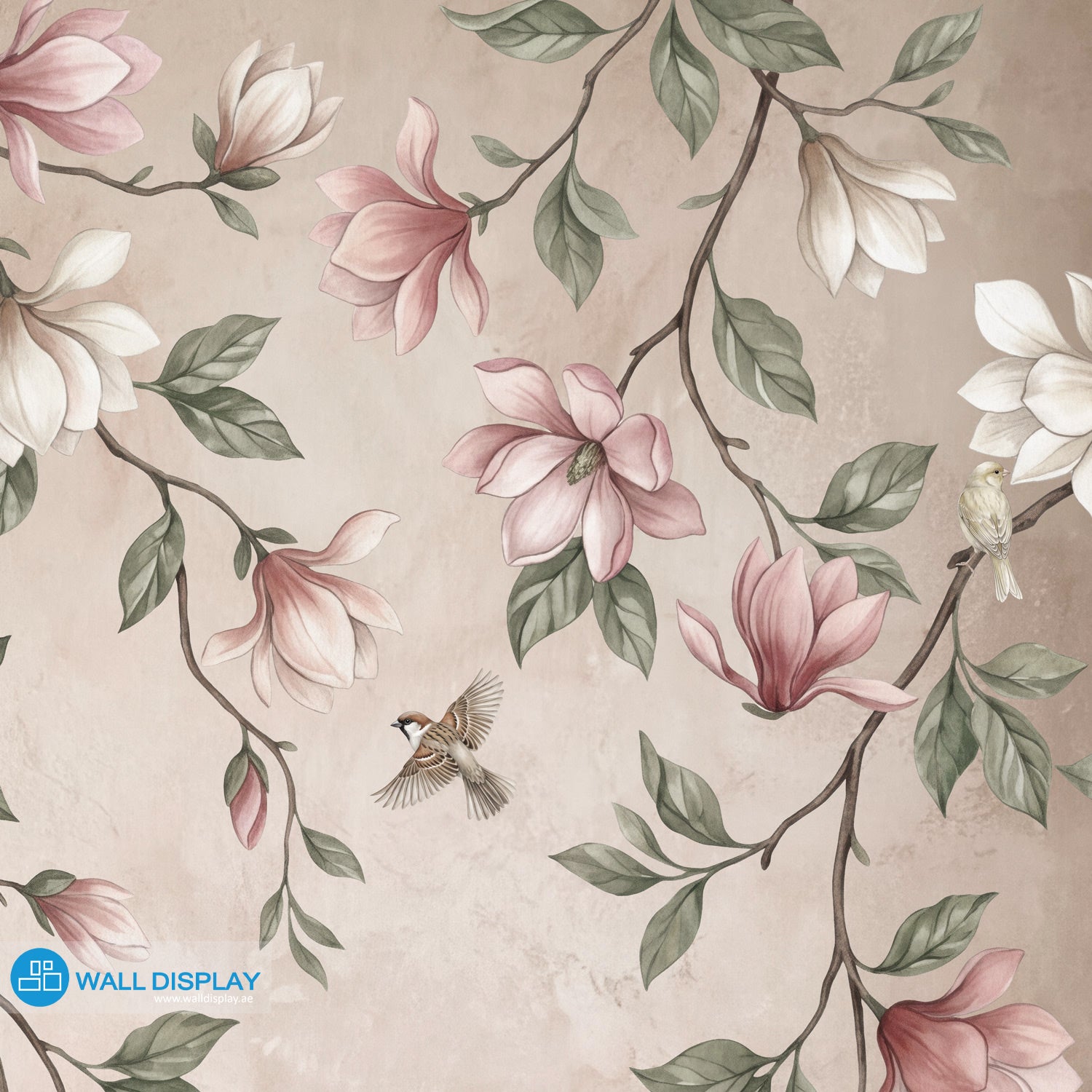 Songbirds in Bloom floral wall mural with magnolia blossoms, flying birds, sage green leaves, and soft blush plaster background.