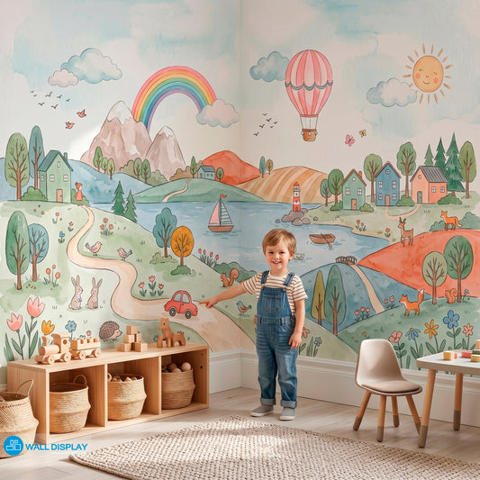 Storybook countryside kids wallpaper mural with pastel hills, rainbow, lake, village houses, hot air balloon, flowers, and woodland animals.