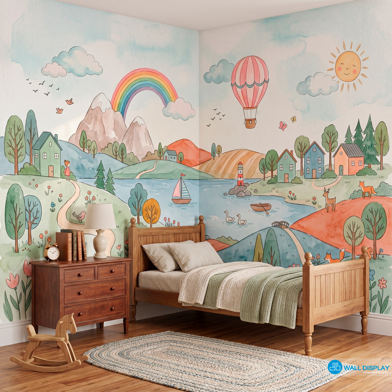 Storybook countryside kids wallpaper mural with pastel hills, rainbow, lake, village houses, hot air balloon, flowers, and woodland animals.
