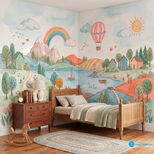 Load image into Gallery viewer, Storybook countryside kids wallpaper mural with pastel hills, rainbow, lake, village houses, hot air balloon, flowers, and woodland animals.
