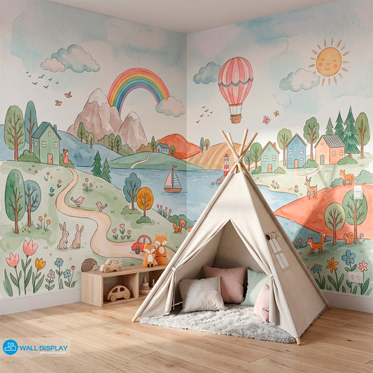 Storybook countryside kids wallpaper mural with pastel hills, rainbow, lake, village houses, hot air balloon, flowers, and woodland animals.