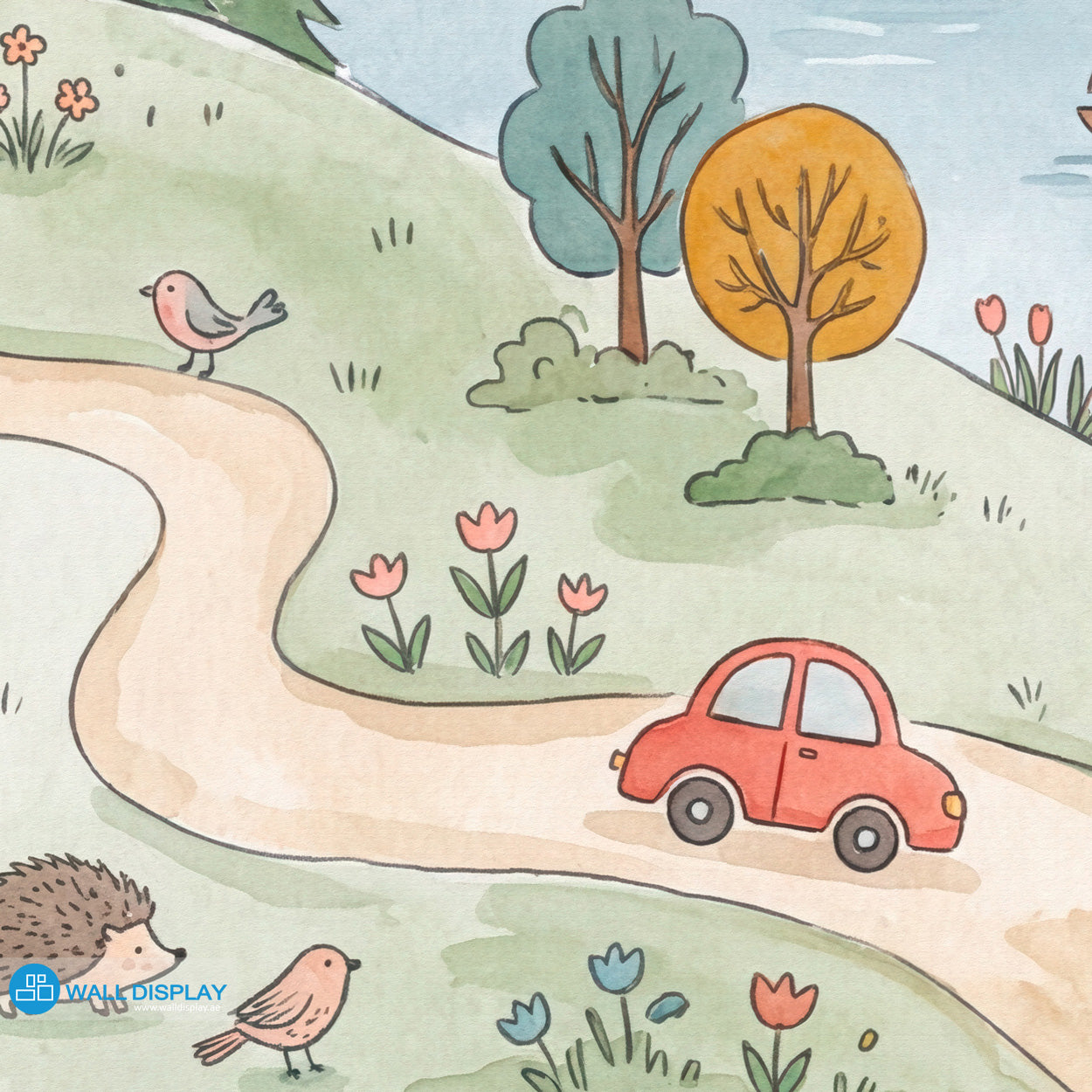 Storybook countryside kids wallpaper mural with pastel hills, rainbow, lake, village houses, hot air balloon, flowers, and woodland animals.