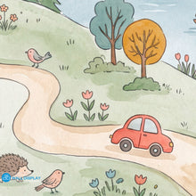 Load image into Gallery viewer, Storybook countryside kids wallpaper mural with pastel hills, rainbow, lake, village houses, hot air balloon, flowers, and woodland animals.
