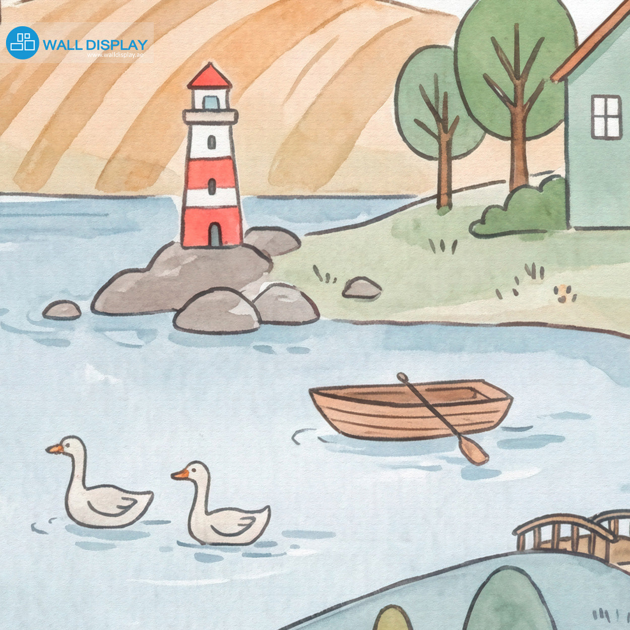 Storybook countryside kids wallpaper mural with pastel hills, rainbow, lake, village houses, hot air balloon, flowers, and woodland animals.