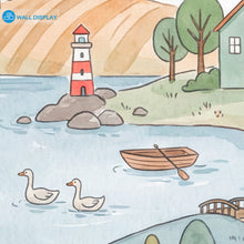 Load image into Gallery viewer, Storybook countryside kids wallpaper mural with pastel hills, rainbow, lake, village houses, hot air balloon, flowers, and woodland animals.
