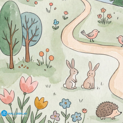 Storybook countryside kids wallpaper mural with pastel hills, rainbow, lake, village houses, hot air balloon, flowers, and woodland animals.