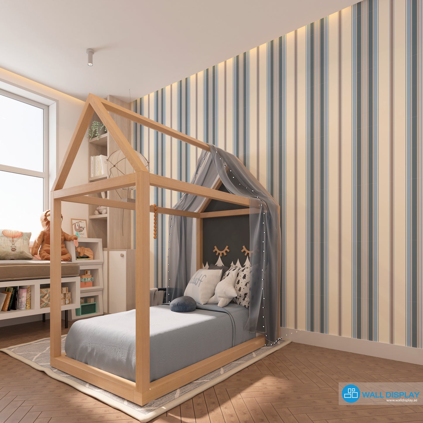 Stripes pattern wallpaper with vertical blue, grey, beige, and neutral lines for kids room, nursery, bedroom, playroom, and feature wall interiors.