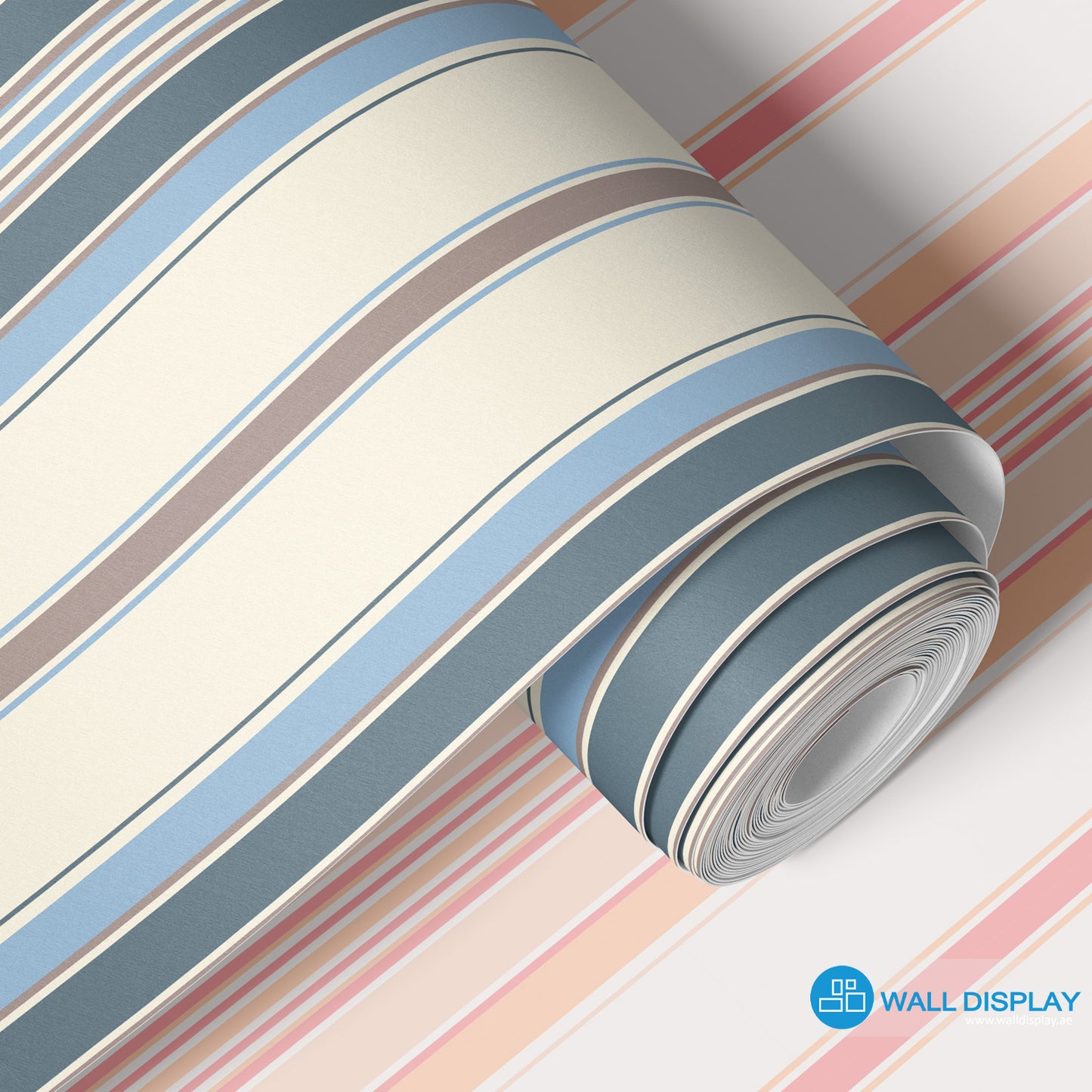 Stripes pattern wallpaper with vertical blue, grey, beige, and neutral lines for kids room, nursery, bedroom, playroom, and feature wall interiors.