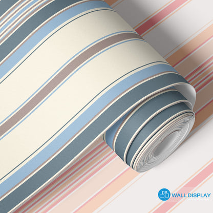 Stripes pattern wallpaper with vertical blue, grey, beige, and neutral lines for kids room, nursery, bedroom, playroom, and feature wall interiors.