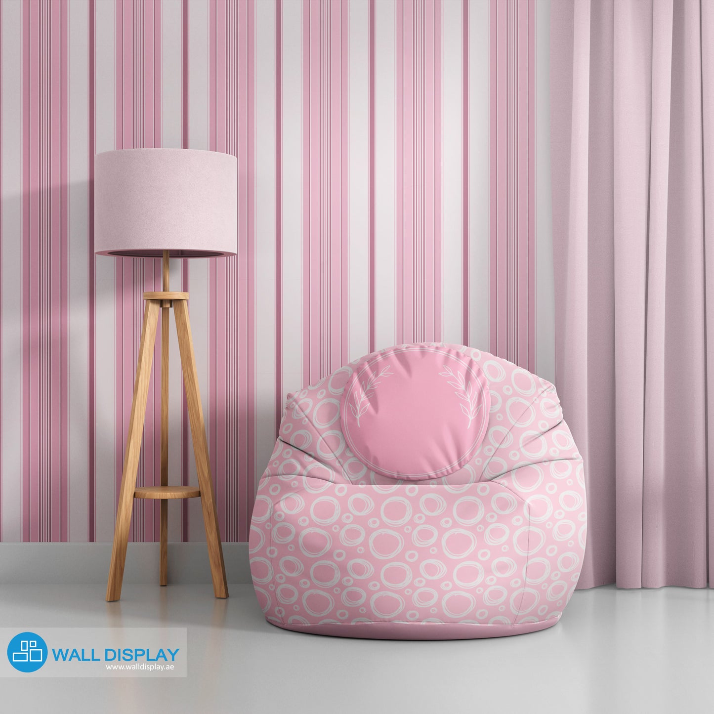 Stripes pattern wallpaper with vertical blue, grey, beige, and neutral lines for kids room, nursery, bedroom, playroom, and feature wall interiors.