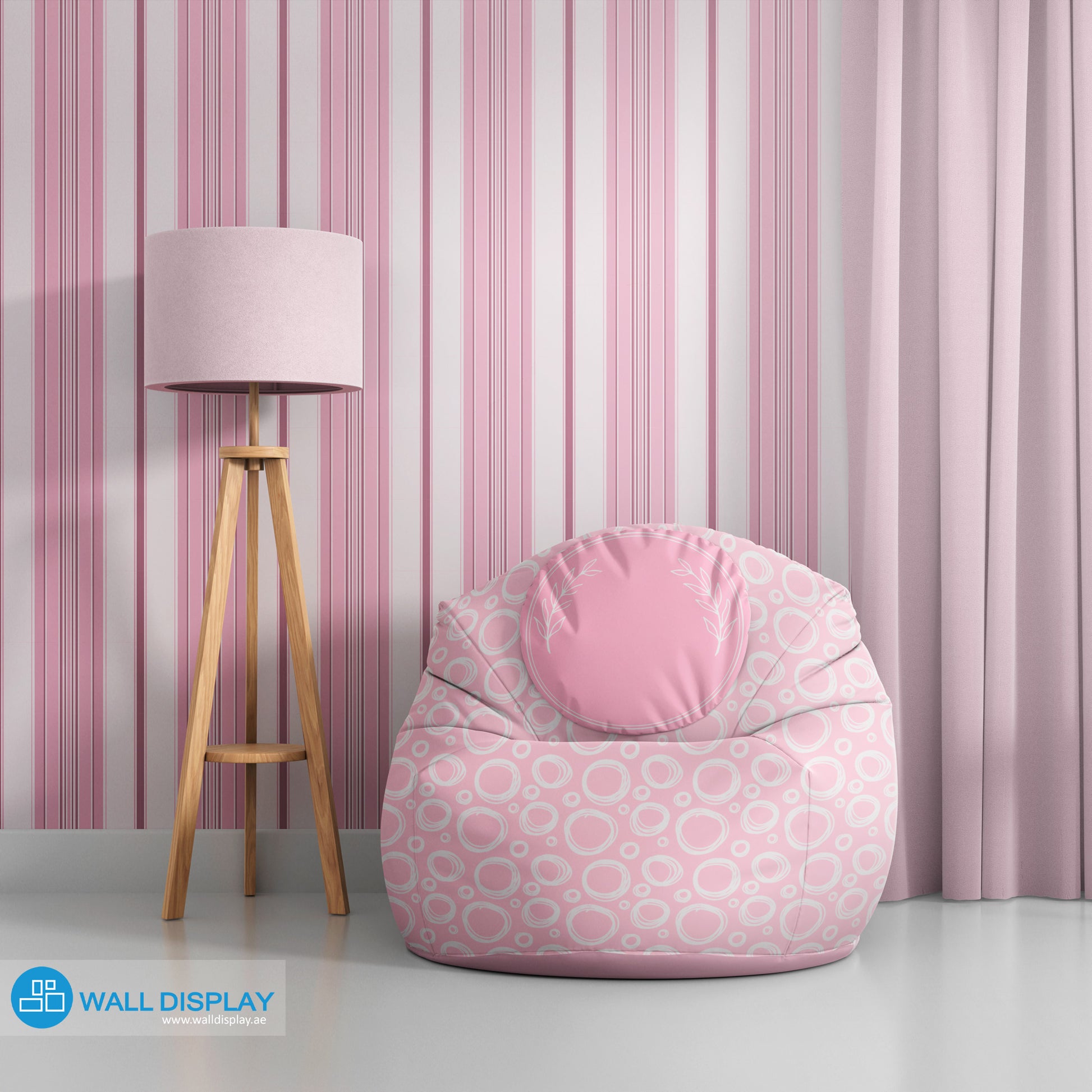 Stripes pattern wallpaper with vertical blue, grey, beige, and neutral lines for kids room, nursery, bedroom, playroom, and feature wall interiors.