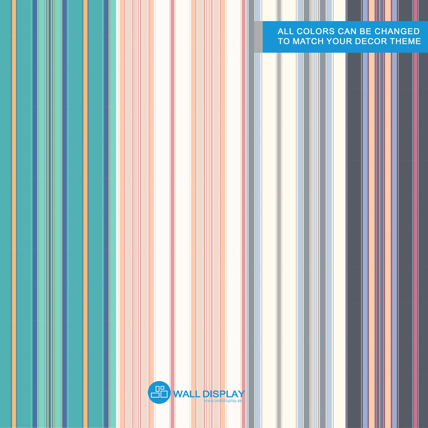Stripes pattern wallpaper with vertical blue, grey, beige, and neutral lines for kids room, nursery, bedroom, playroom, and feature wall interiors.