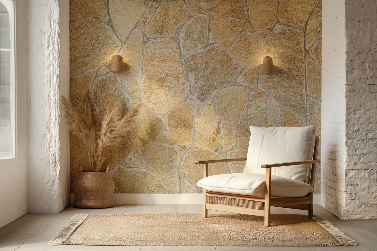 Tuscan stones pattern wallpaper with realistic beige and grey stone texture. Custom printed wallpaper in Dubai, Abu Dhabi, and across the UAE for rustic feature walls.