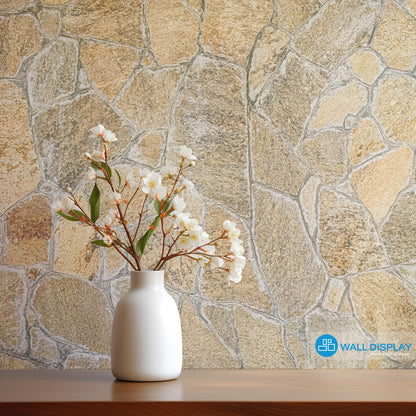 Tuscan stones pattern wallpaper with realistic beige and grey stone texture. Custom printed wallpaper in Dubai, Abu Dhabi, and across the UAE for rustic feature walls.