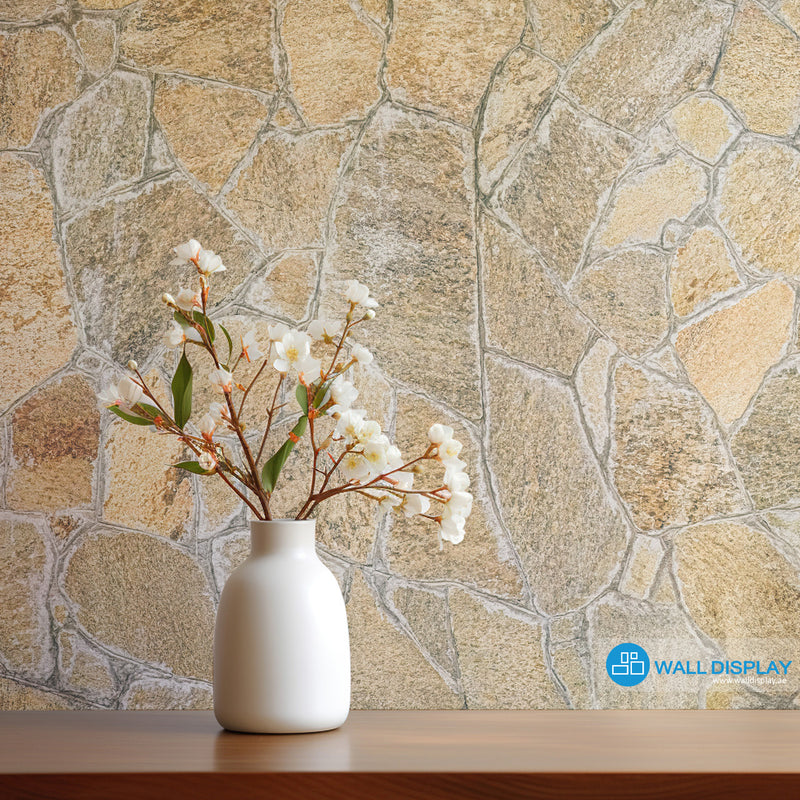 Tuscan stones pattern wallpaper with realistic beige and grey stone texture. Custom printed wallpaper in Dubai, Abu Dhabi, and across the UAE for rustic feature walls.