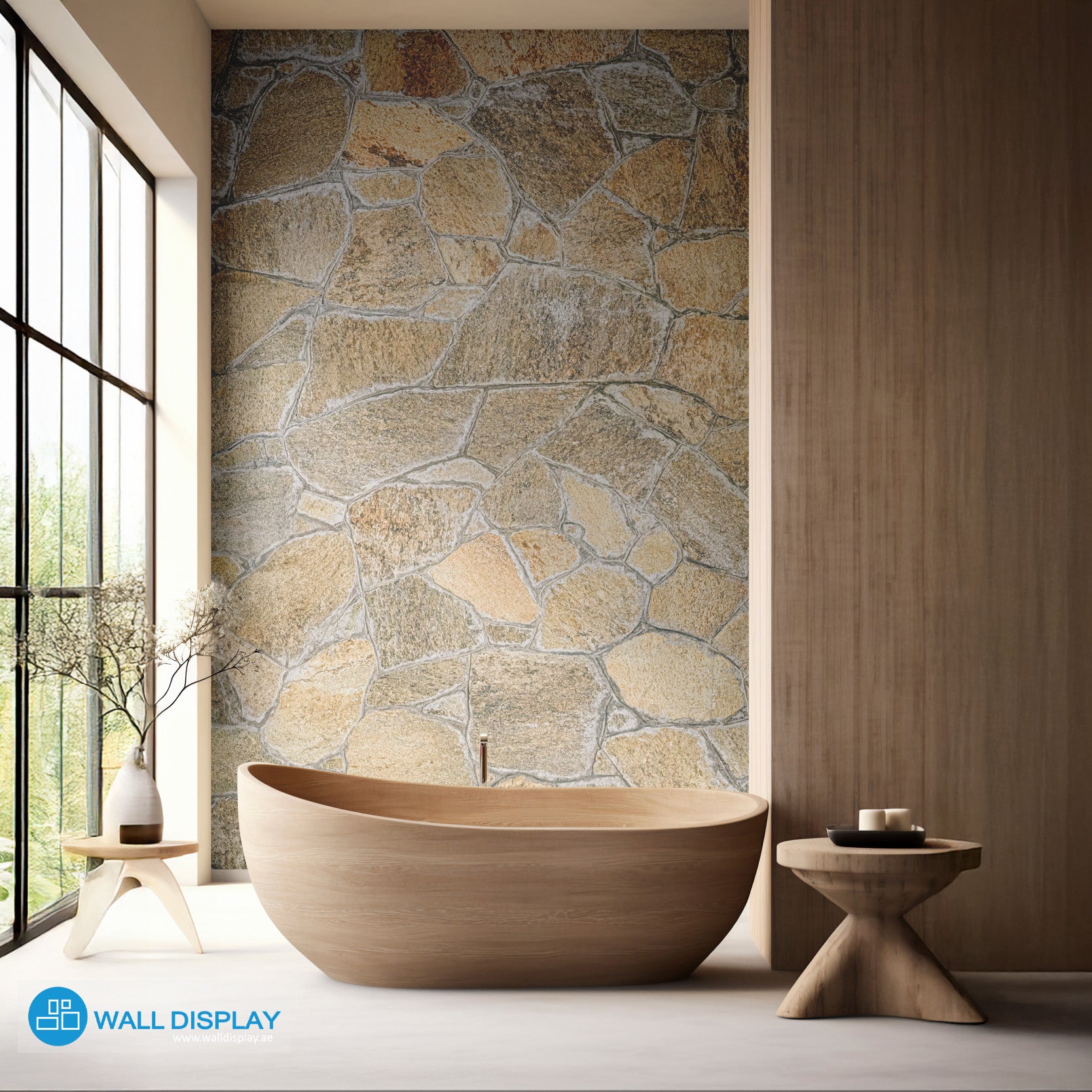 Tuscan stones pattern wallpaper with realistic beige and grey stone texture. Custom printed wallpaper in Dubai, Abu Dhabi, and across the UAE for rustic feature walls.