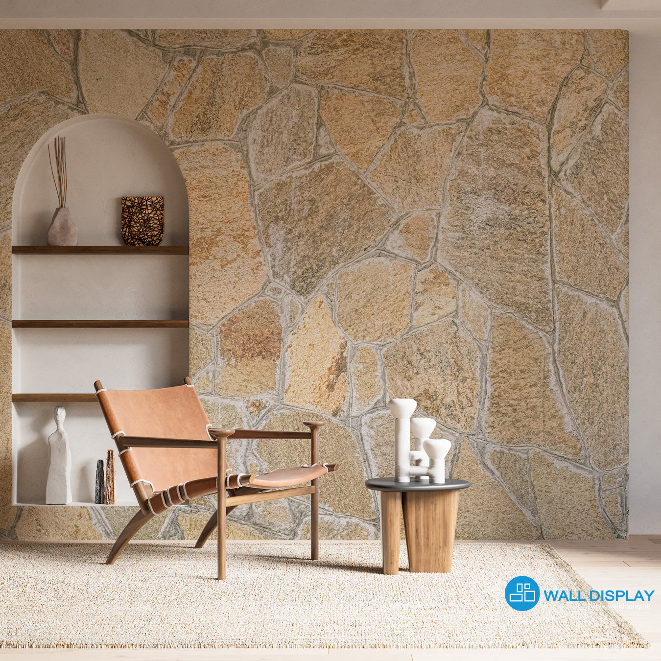 Tuscan stones pattern wallpaper with realistic beige and grey stone texture. Custom printed wallpaper in Dubai, Abu Dhabi, and across the UAE for rustic feature walls.
