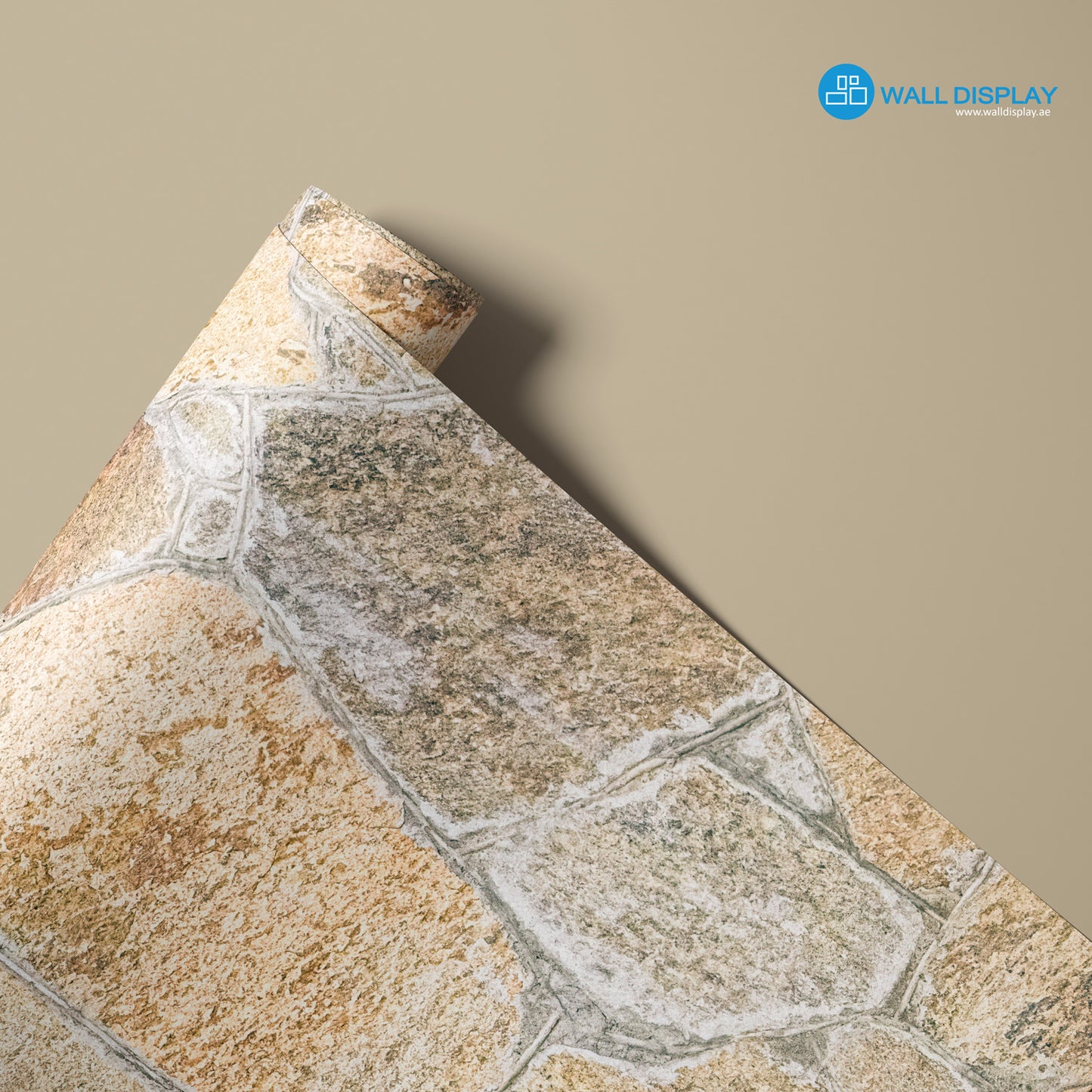 Tuscan stones pattern wallpaper with realistic beige and grey stone texture. Custom printed wallpaper in Dubai, Abu Dhabi, and across the UAE for rustic feature walls.