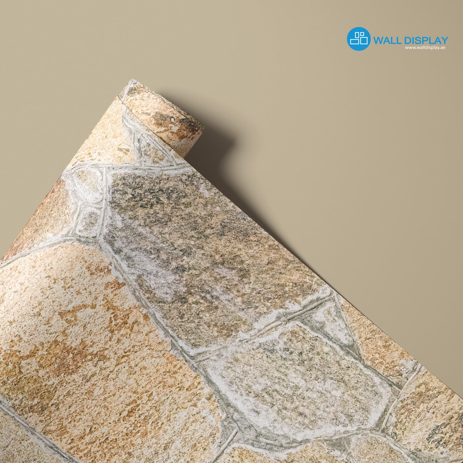 Tuscan stones pattern wallpaper with realistic beige and grey stone texture. Custom printed wallpaper in Dubai, Abu Dhabi, and across the UAE for rustic feature walls.