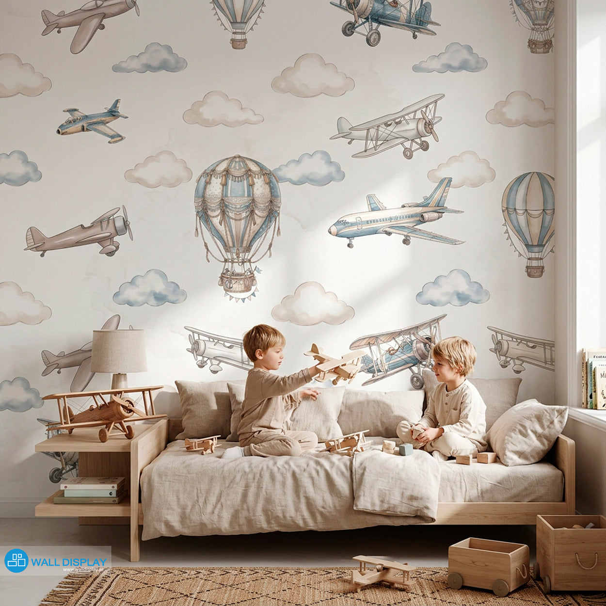 Vintage aviation kids wallpaper with watercolor airplanes, hot air balloons, and soft clouds in beige and dusty blue colors.