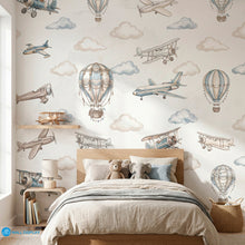 Load image into Gallery viewer, Vintage aviation kids wallpaper with watercolor airplanes, hot air balloons, and soft clouds in beige and dusty blue colors.
