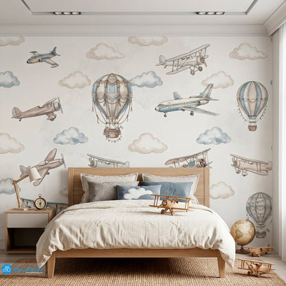 Vintage aviation kids wallpaper with watercolor airplanes, hot air balloons, and soft clouds in beige and dusty blue colors.