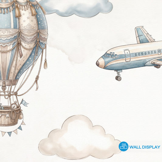 Vintage aviation kids wallpaper with watercolor airplanes, hot air balloons, and soft clouds in beige and dusty blue colors.