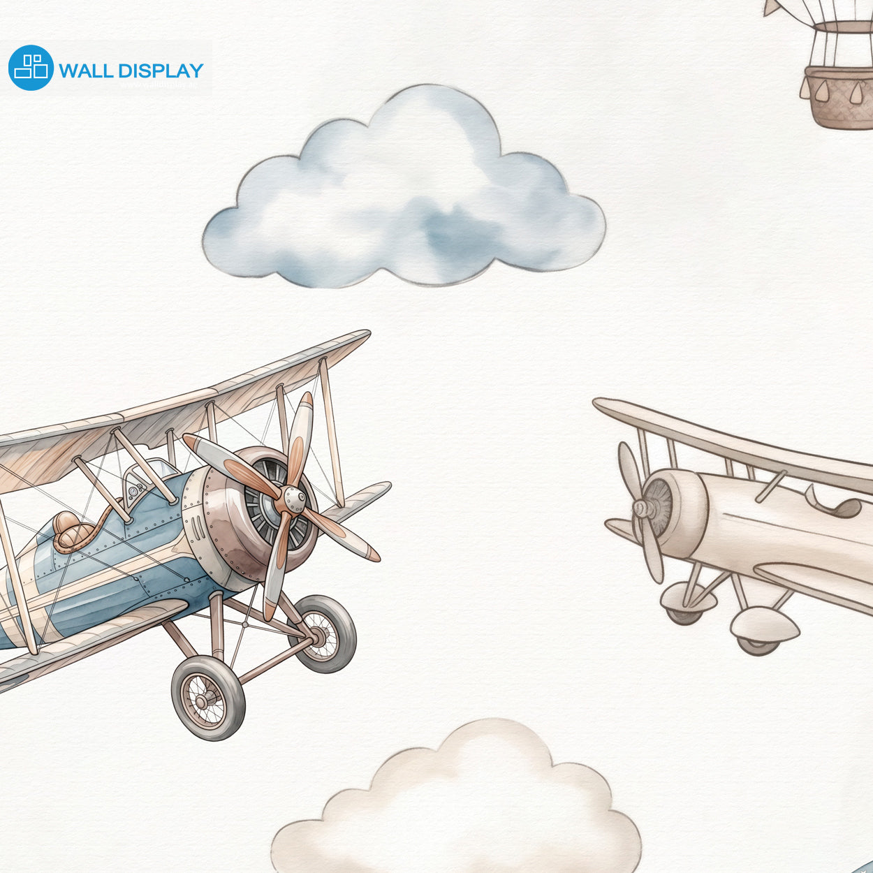 Vintage aviation kids wallpaper with watercolor airplanes, hot air balloons, and soft clouds in beige and dusty blue colors.