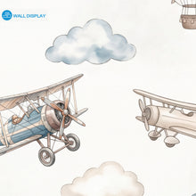 Load image into Gallery viewer, Vintage aviation kids wallpaper with watercolor airplanes, hot air balloons, and soft clouds in beige and dusty blue colors.
