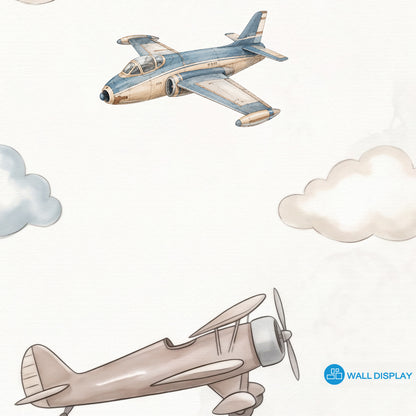 Vintage aviation kids wallpaper with watercolor airplanes, hot air balloons, and soft clouds in beige and dusty blue colors.