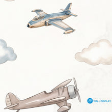 Load image into Gallery viewer, Vintage aviation kids wallpaper with watercolor airplanes, hot air balloons, and soft clouds in beige and dusty blue colors.
