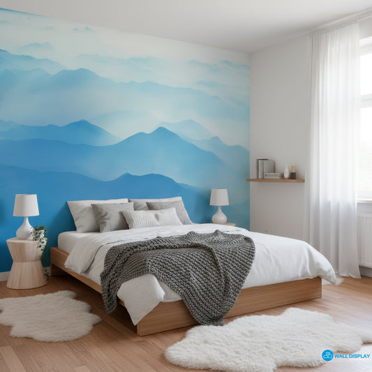 Modern bedroom with a blue mountain mural on the wall