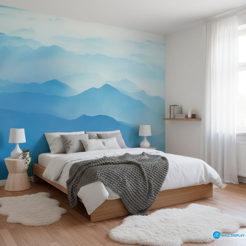 Modern bedroom with a blue mountain mural on the wall