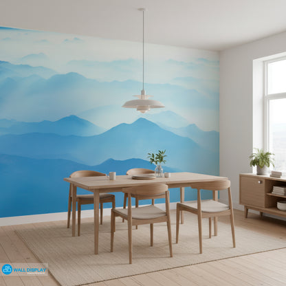 Dining room with a mountain mural on the wall