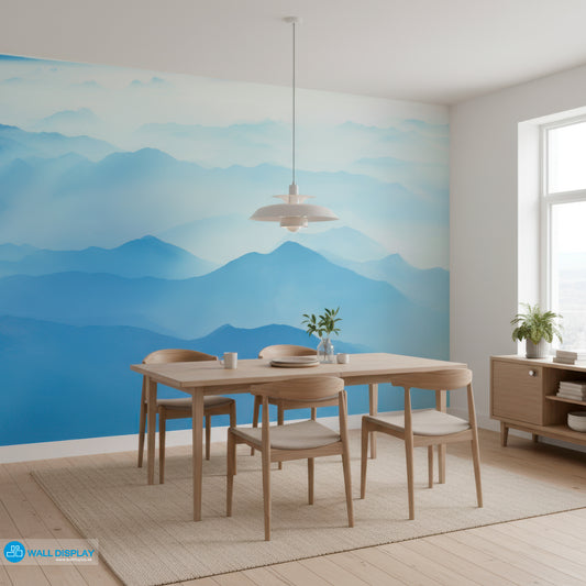 Dining room with a mountain mural on the wall