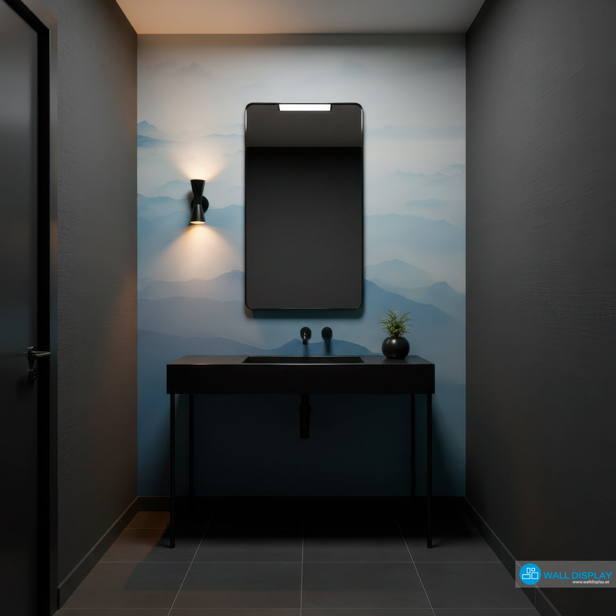 Modern bathroom with a sink, mirror, and decorative light fixture, with blue wallpaper
