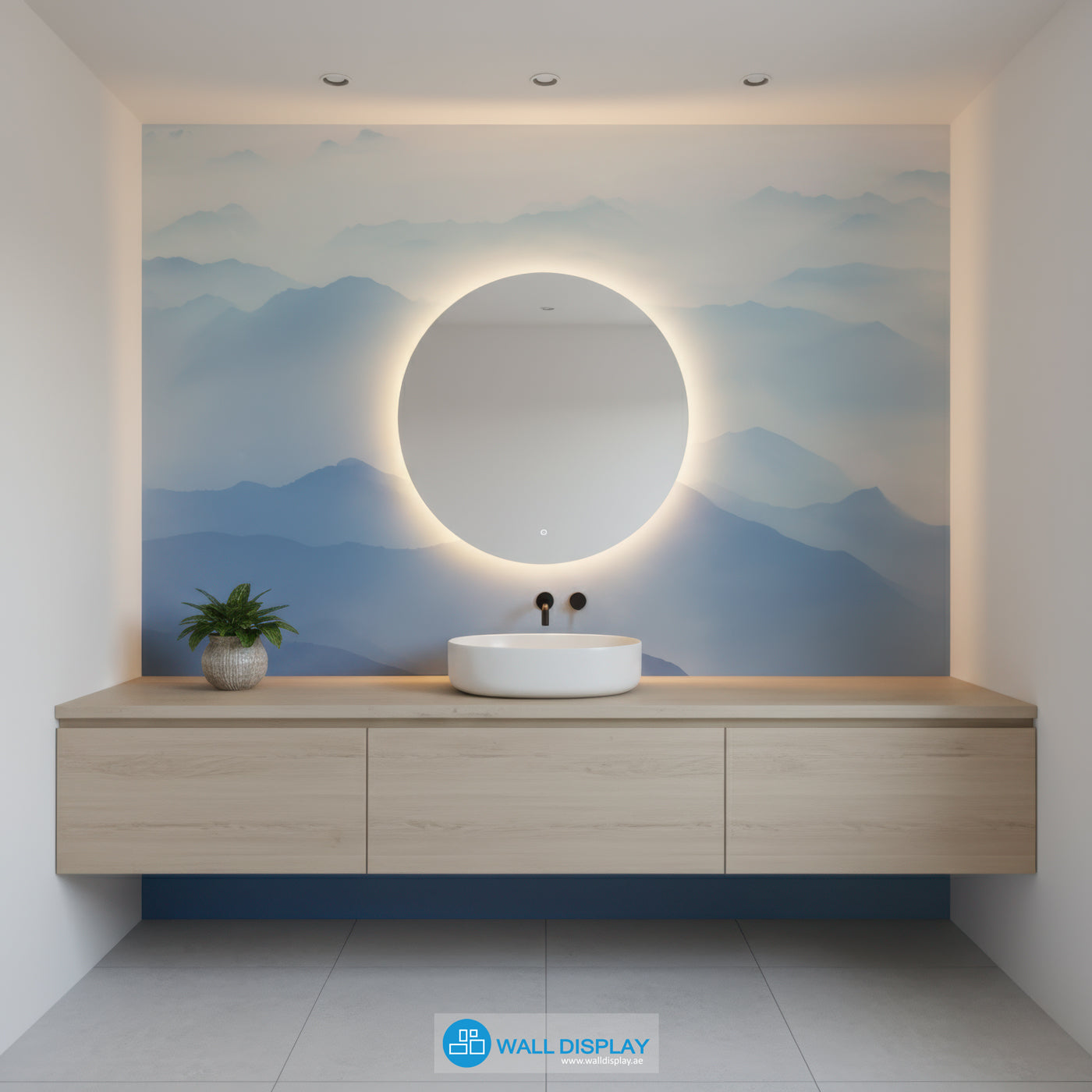 Bathroom vanity with round mirror and mountain mural