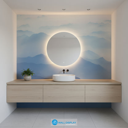 Bathroom vanity with round mirror and mountain mural