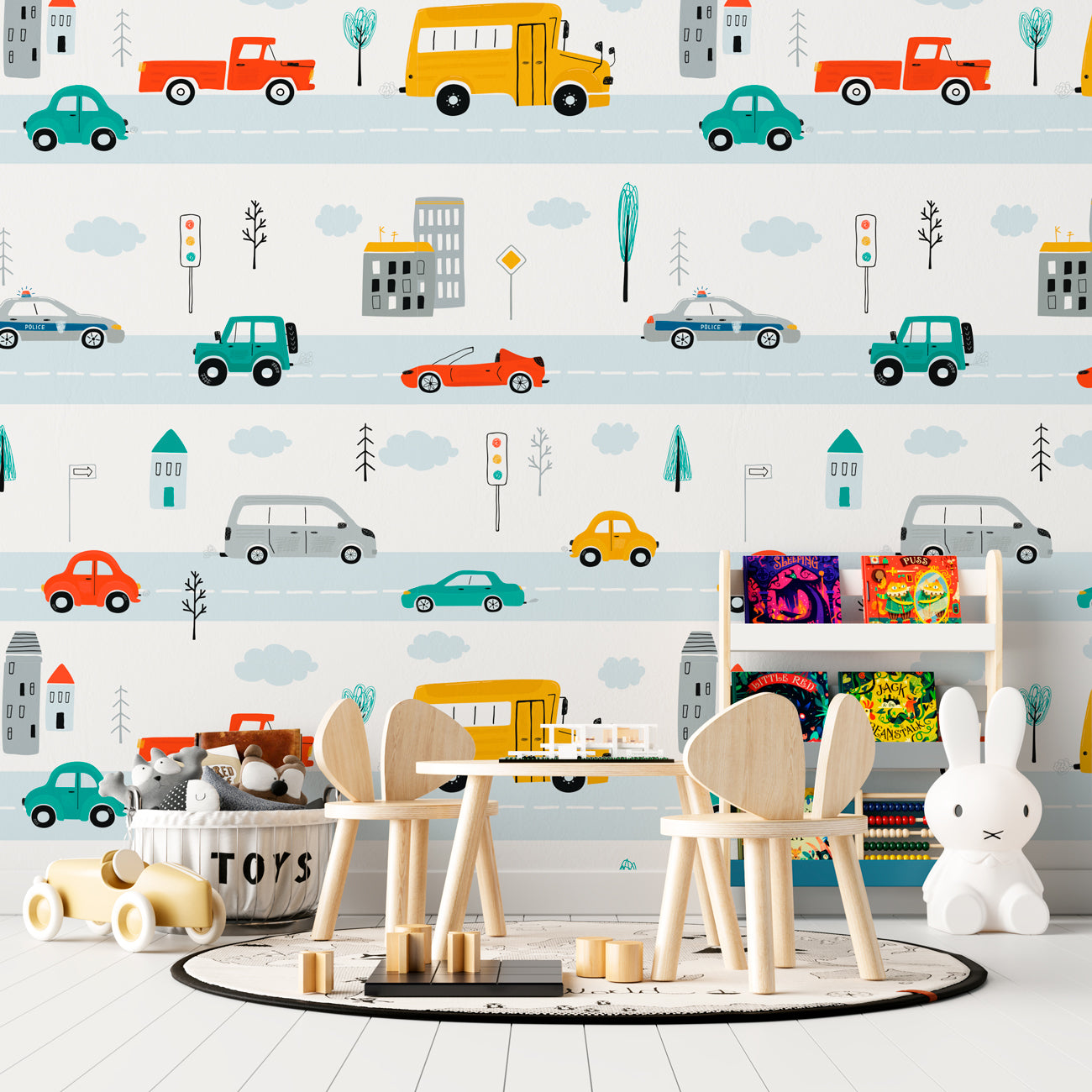 Kids cars wallpaper with colorful vehicles, roads, buses, trucks, traffic lights, buildings, trees, and clouds for boys’ rooms, nurseries, and playrooms.
