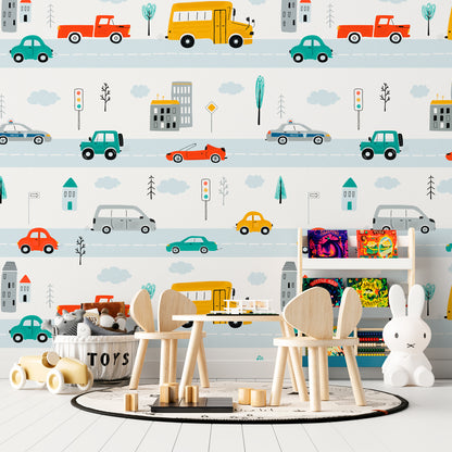 Kids cars wallpaper with colorful vehicles, roads, buses, trucks, traffic lights, buildings, trees, and clouds for boys’ rooms, nurseries, and playrooms.