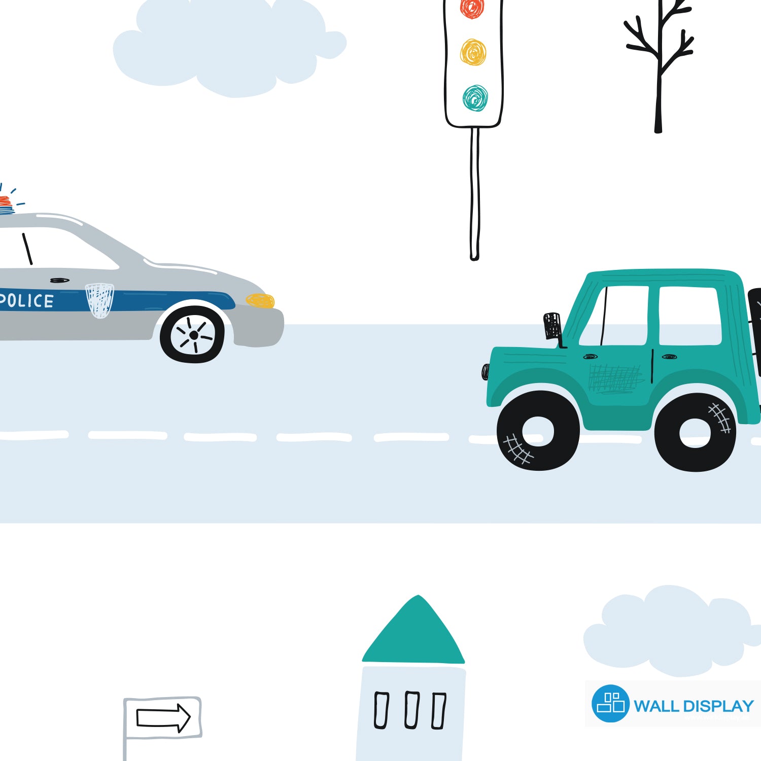 Kids cars wallpaper with colorful vehicles, roads, buses, trucks, traffic lights, buildings, trees, and clouds for boys’ rooms, nurseries, and playrooms.