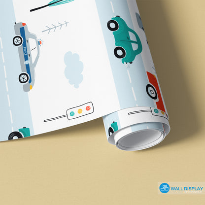 Kids cars wallpaper with colorful vehicles, roads, buses, trucks, traffic lights, buildings, trees, and clouds for boys’ rooms, nurseries, and playrooms.