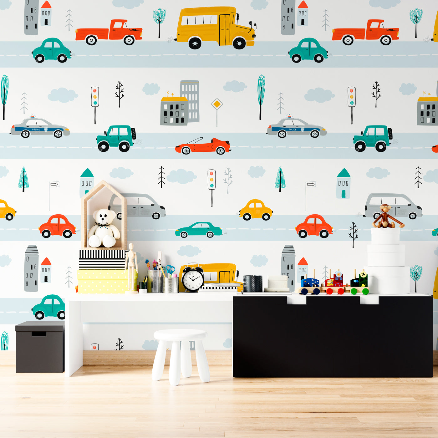 Kids cars wallpaper with colorful vehicles, roads, buses, trucks, traffic lights, buildings, trees, and clouds for boys’ rooms, nurseries, and playrooms.