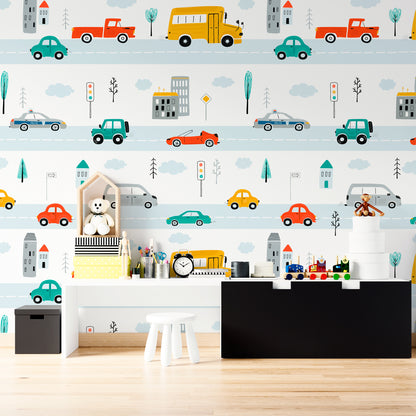 Kids cars wallpaper with colorful vehicles, roads, buses, trucks, traffic lights, buildings, trees, and clouds for boys’ rooms, nurseries, and playrooms.