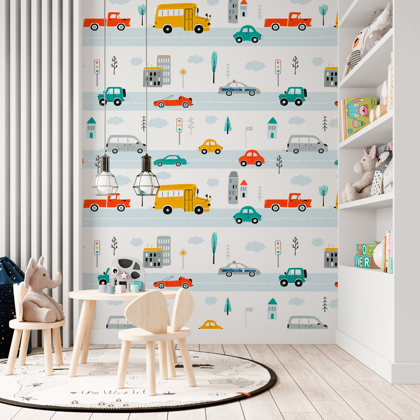 Kids cars wallpaper with colorful vehicles, roads, buses, trucks, traffic lights, buildings, trees, and clouds for boys’ rooms, nurseries, and playrooms.