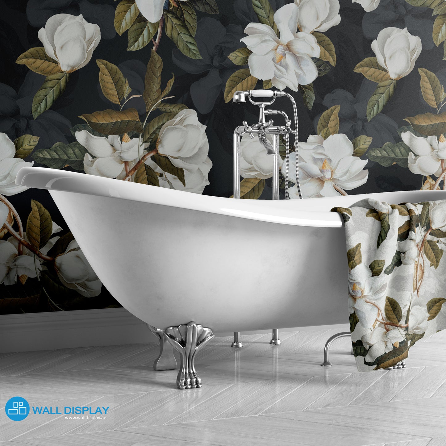 Whispering Magnolia Petals floral wallpaper with white magnolia flowers, green leaves, and light or dark background options for bathroom, bedroom, and feature walls.