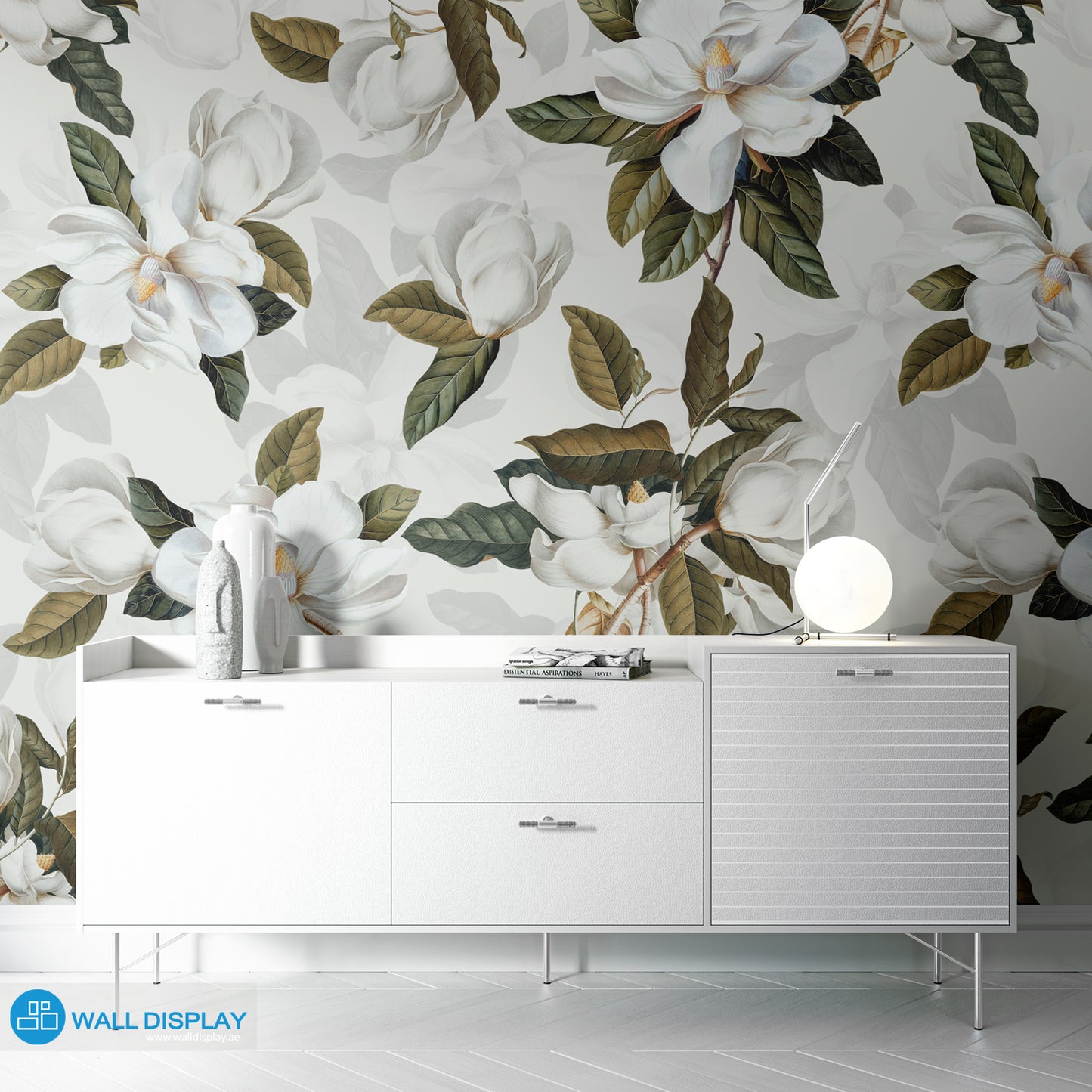 Whispering Magnolia Petals floral wallpaper with white magnolia flowers, green leaves, and light or dark background options for bathroom, bedroom, and feature walls.