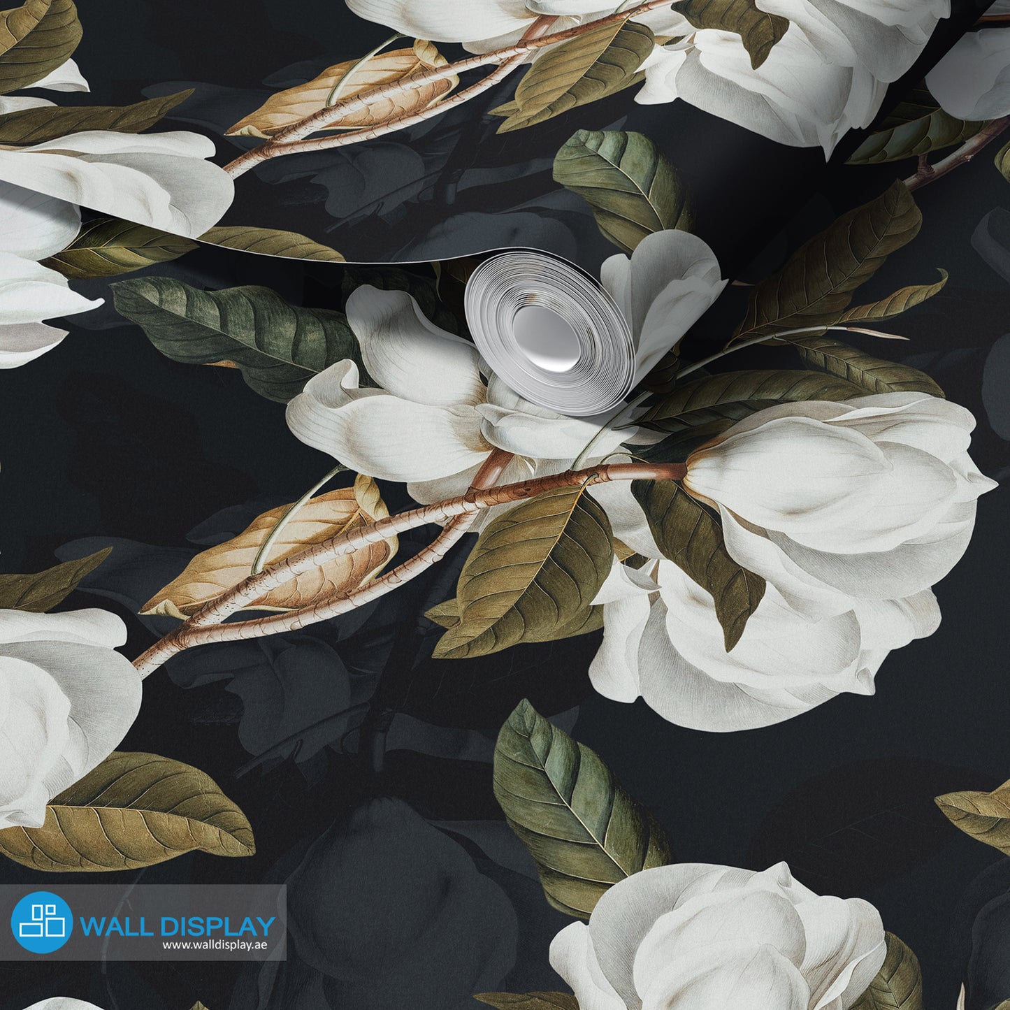 Whispering Magnolia Petals floral wallpaper with white magnolia flowers, green leaves, and light or dark background options for bathroom, bedroom, and feature walls.